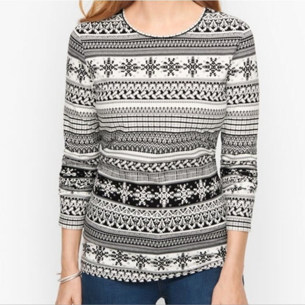 Talbots Top XS Tee T-Shirt Black White Long Sleeve Crew Neck Cotton Fair Isle